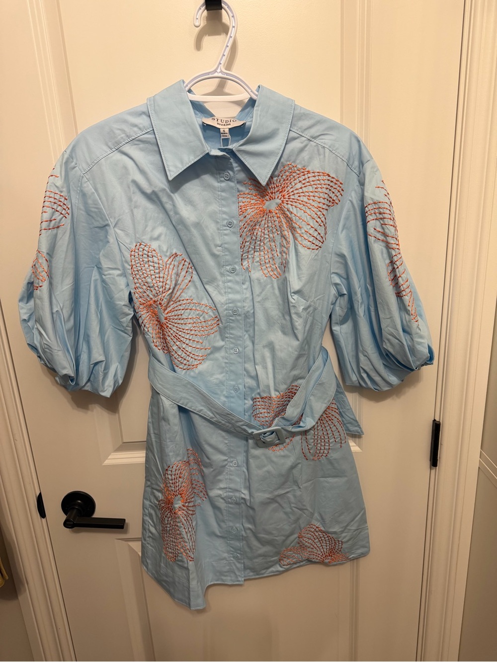 Light Blue Women's Belted Shirt Dress - Picture 3 of 5